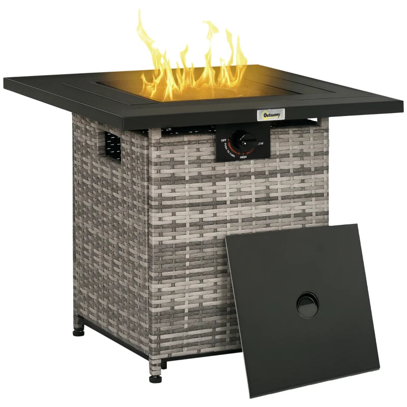 Outdoor PE Rattan Gas Fire Pit Table - 40,000 BTU Square Propane Heater with Rain Cover, Mesh Lid & Lava Stone - Mixed Grey