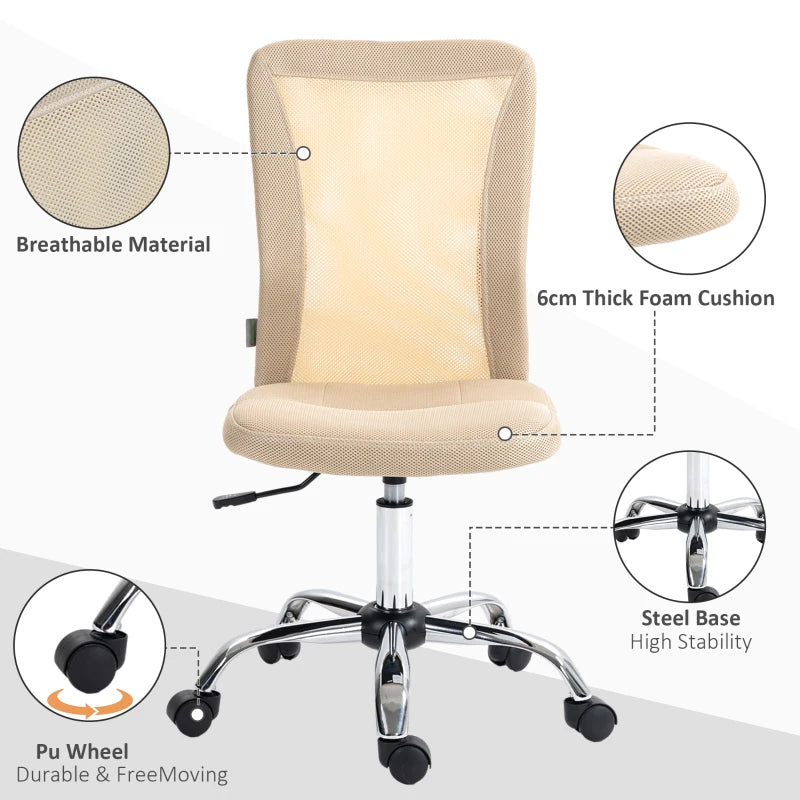 Vinsetto Beige Mesh Office Chair - Adjustable Height, Swivel Wheels, Armless Design for Home & Study - Ergonomic Comfort