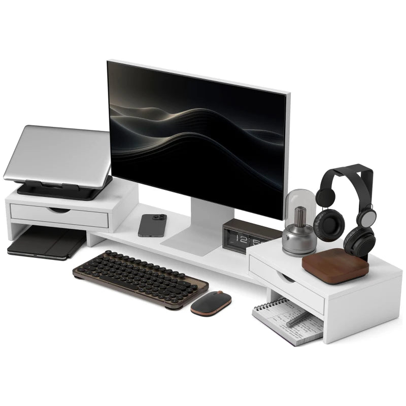 Dual Monitor Stand Riser with 2 Drawers - Adjustable Length & Angle, 116cm for Laptop, PC, Printer - White