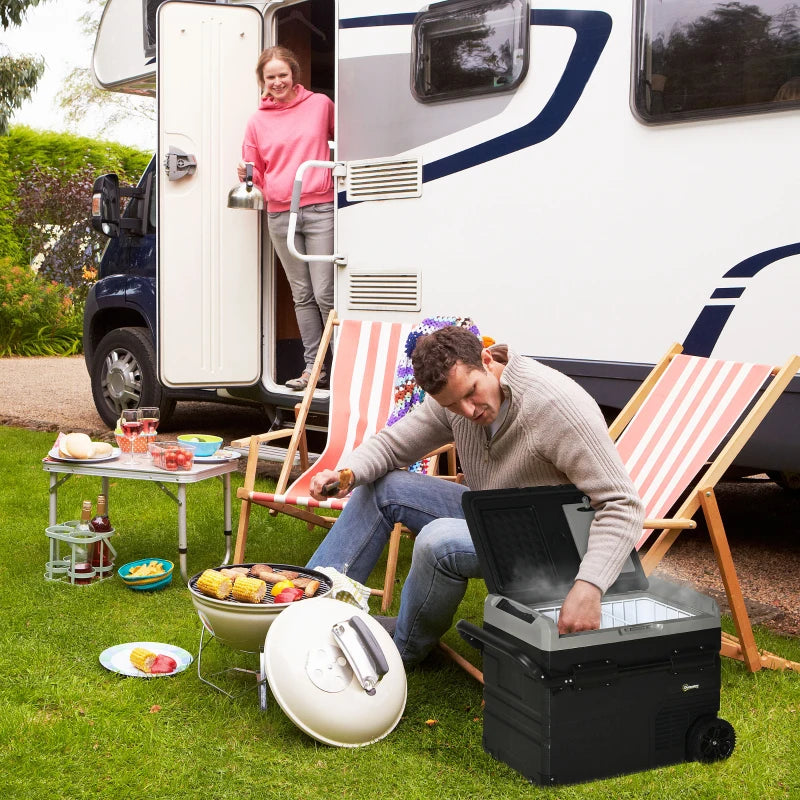 50L Portable Car Refrigerator Compressor Cooler Box with LED Light Foldable Handles Cup Holders 12V 24V DC and 110V 240V AC for RV Campervan Boat Travel -20 Degrees Celsius