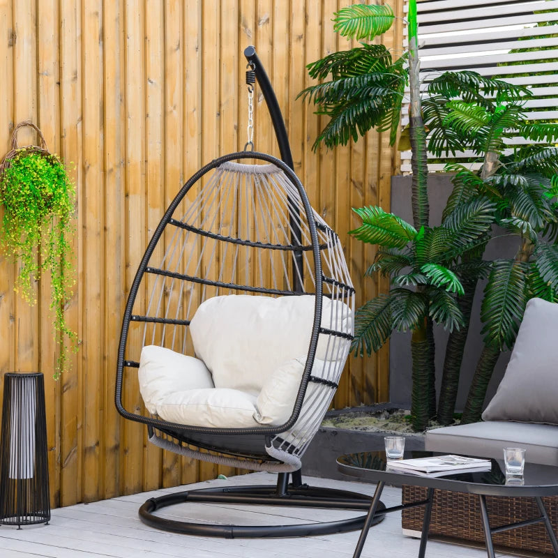 Black Rattan Hanging Egg Chair with Cushion and Stand