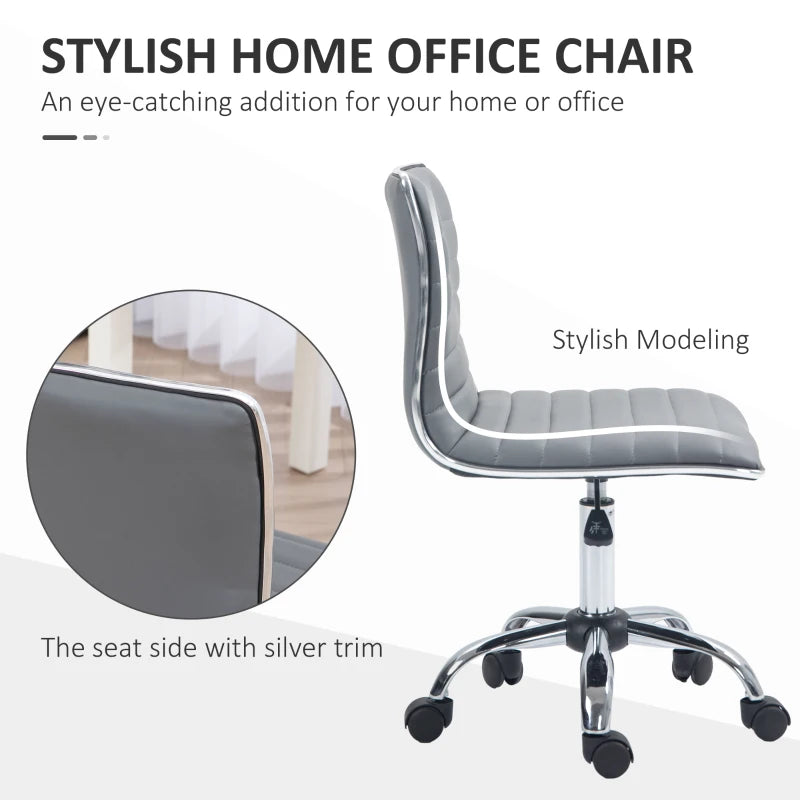 Light Grey Armless Task Desk Chair - Swivel Faux Leather Office Chair with Adjustable Height & Chrome Base for Home