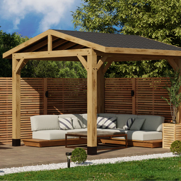 Ruby Oak Wooden Gazebo - Katepal Black Shingle Roof - Apex Design - No Overhang
