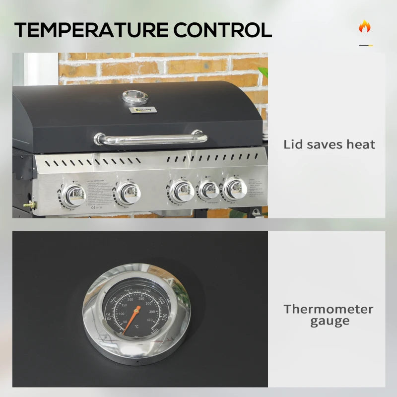 Black 5-Burner Steel Gas Grill with Thermometer