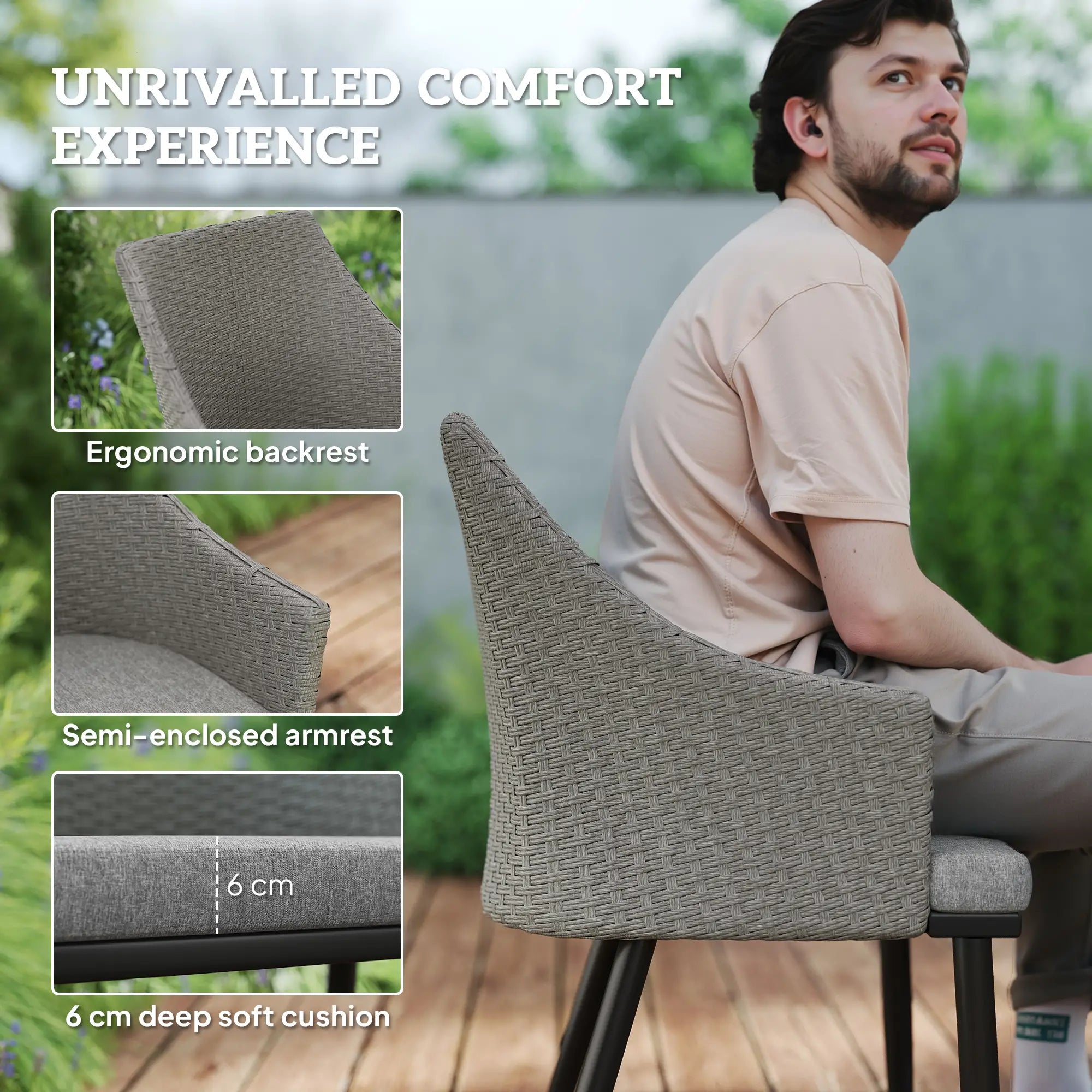 6 Seater Rattan Dining Set with Cushions, Armchairs, Rectangle Slatted Table Top, Steel Frame & Parasol Hole