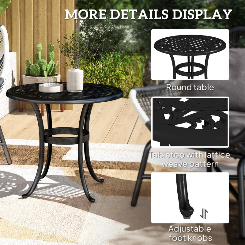 60cm Black Round Garden Table - Outdoor Hollow Top Design Side Table with Cast Aluminium Frame for Patio, Garden, Balcony