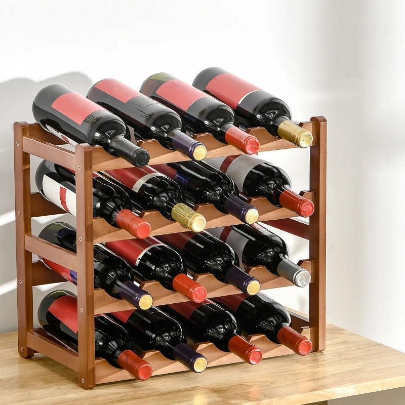 Free Standing Bamboo Wine Rack - 16 Bottle Holder, 4-Tier Water Bottle Organizer, Stylish Display Shelf for Home Bar, Brown