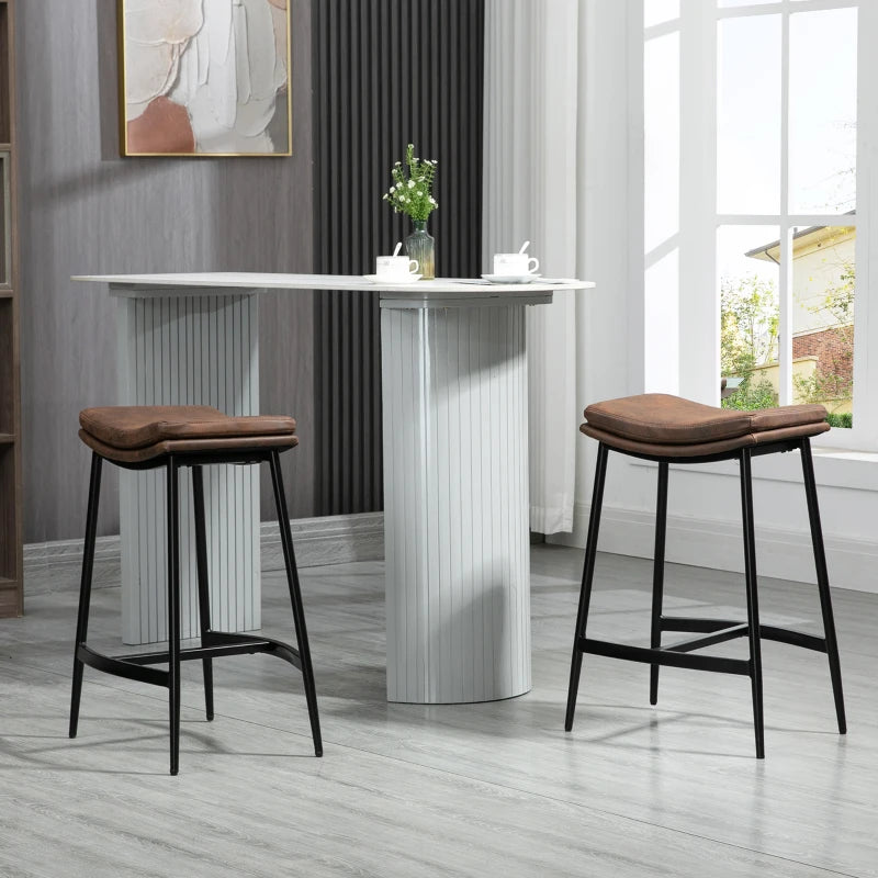Set of 2 Microfibre Upholstered Breakfast Bar Stools - Industrial Curved Seat Bar Chairs with Steel Frame, Brown