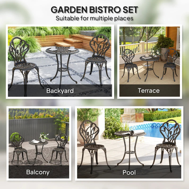 3 Piece Bronze Outdoor Patio Bistro Set for 2 - Aluminium Garden Table and Chairs with Umbrella Hole for Balcony