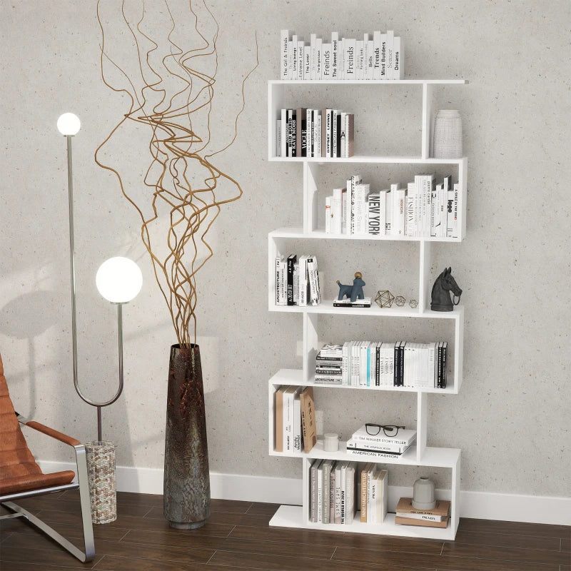 6-Tier S-Shaped Bookcase - Modern White Storage Unit & Display Shelf for Living Room, Bedroom, Home Office, Plants
