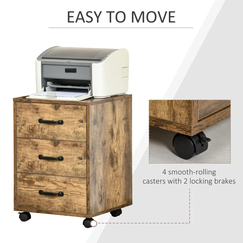 Rustic Brown 3 Drawer Mobile File Cabinet on Wheels - Perfect for Home Office & Study Organization