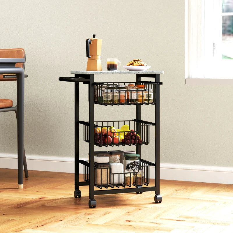 Three Basket Mobile Kitchen Island with Brakes - Stylish Grey/Black Storage Solution for Home Cooking and Dining