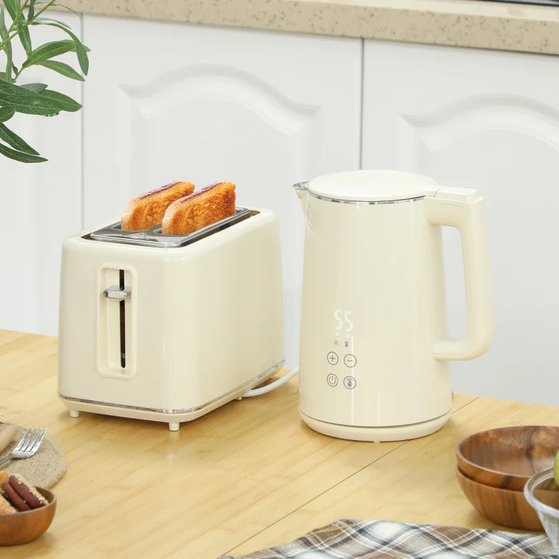 Digital Stainless Steel Kettle & Toaster Set - 1.5L Fast Boil 3000W Kettle, 2 Slice Toaster with 7 Browning Levels, Beige