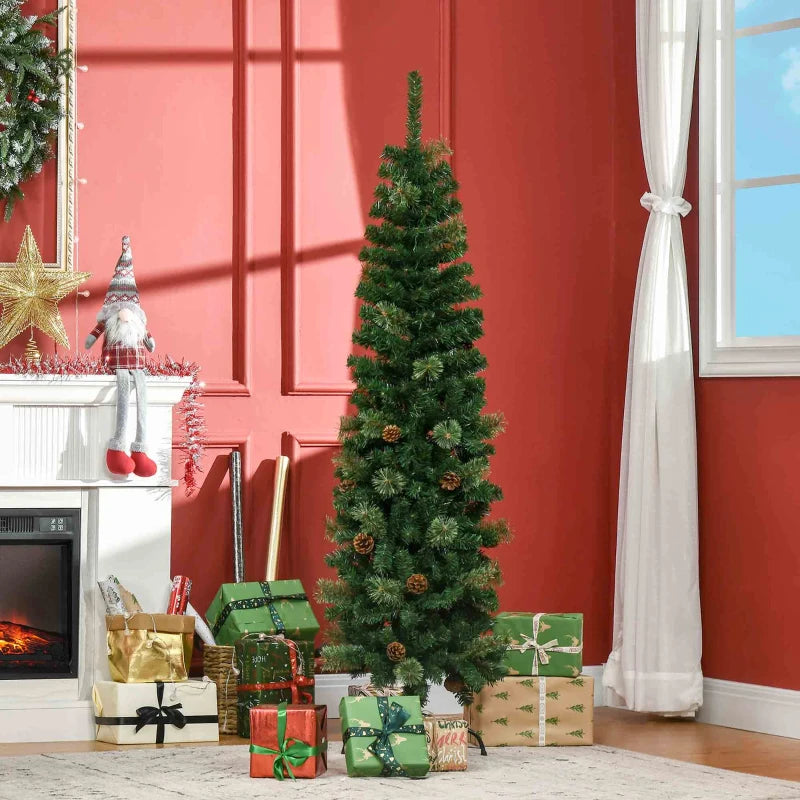 5.5FT Slim Pencil Artificial Christmas Tree with Realistic Branches, Pine Cones & Needles - Perfect Xmas Decoration, Green