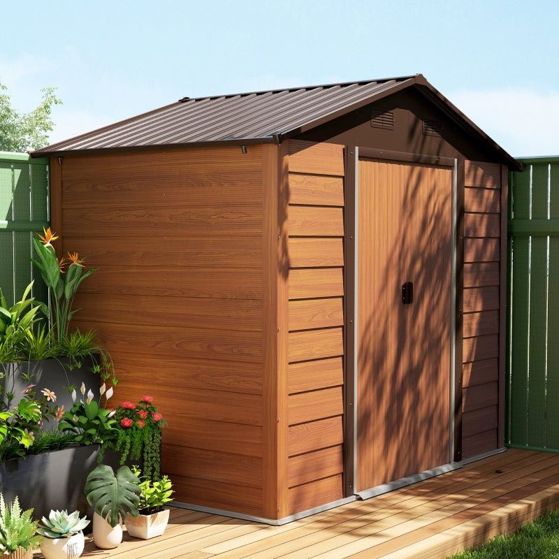 6ft x 8ft Garden Storage Shed with Sliding Door - Durable Brown Wood Effect Outdoor Storage