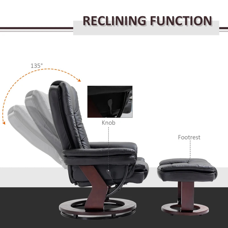 Ergonomic Recliner Chair with Footstool, 130kg Capacity, 135° Reclining Swivel Sofa for Living Room, Black PU Leather