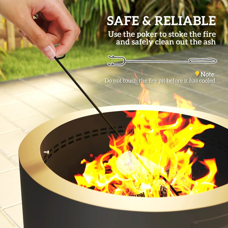 Outdoor Round Fire Pit with Lid & Poker - Durable Black Steel Design for Backyard Patio Heating & Ambiance