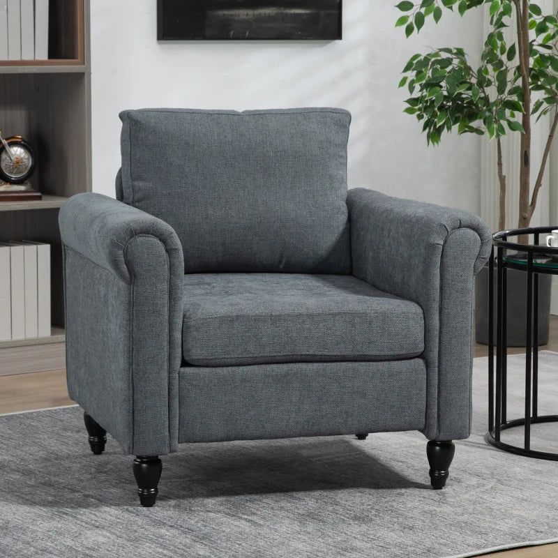 Vintage Upholstered Accent Chair with Back Pillow and Rolled Arms, Grey Fabric, Rubber Wood Legs