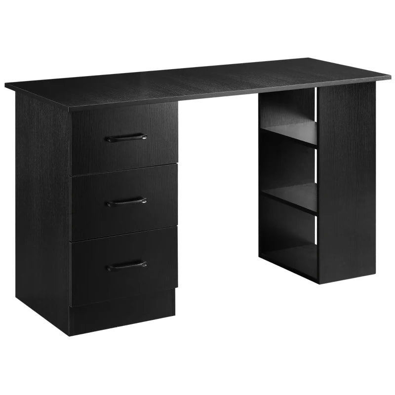Modern Black Computer Desk with 3 Storage Shelves & Drawers - Stylish Writing Table for Home Office Workstation