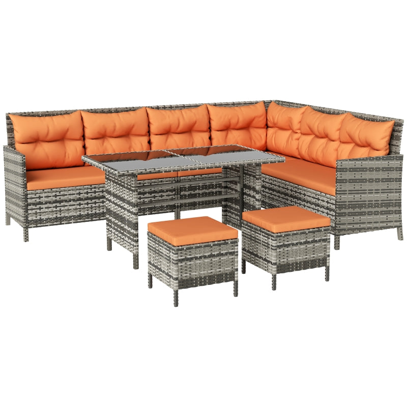7-Seater Orange Cushioned Rattan Wicker Patio Sofa Set with Glass Table