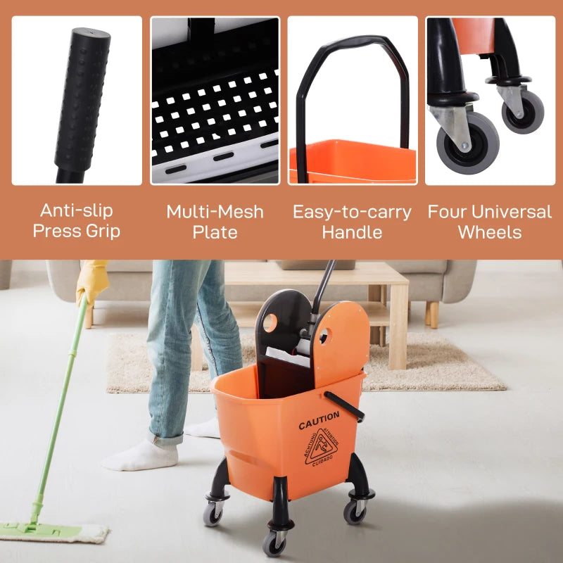 25L Mop Bucket with Wringer, Wheels & Handle - Durable Orange Cleaning Solution for Easy Floor Maintenance