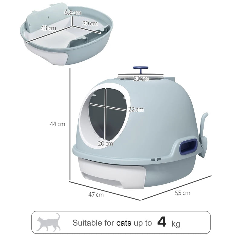 Blue Enclosed Cat Litter Box with Drawer & Scoop - Front Entry, Top Exit, Easy to Clean