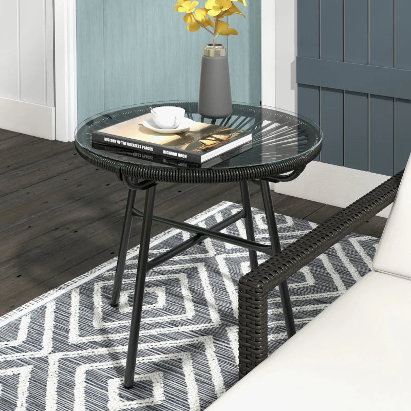 Round Black Rattan Side Table - Outdoor Coffee Table with Tempered Glass Top for Patio, Garden, Balcony - 18" Diameter