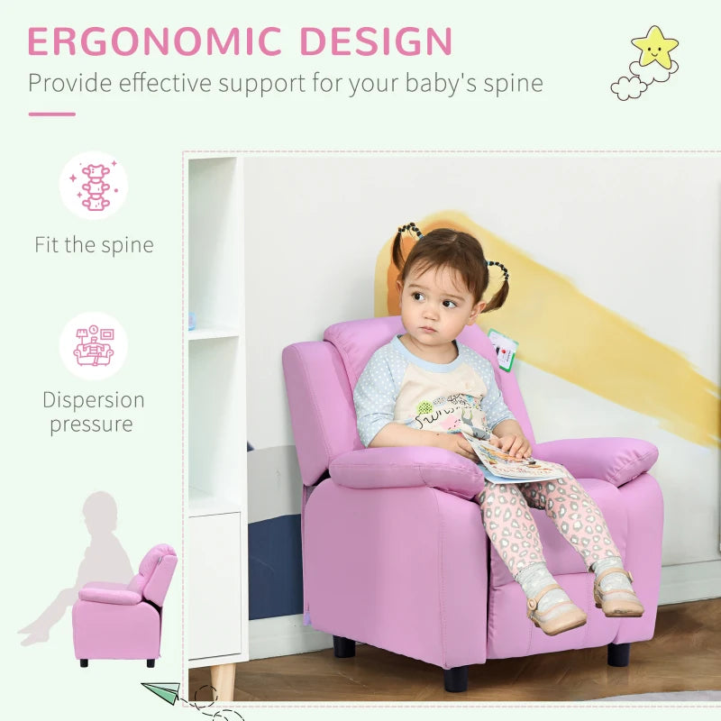 Kids Pink Sofa Armchair Recliner - PU Leather Toddler Lounger with Storage for Games & Playtime