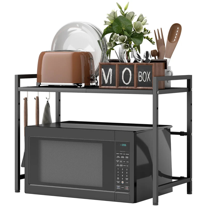 Expandable Microwave Oven Rack with 3 Hooks - Space-Saving Kitchen Organizer, Black - Perfect for Small Spaces