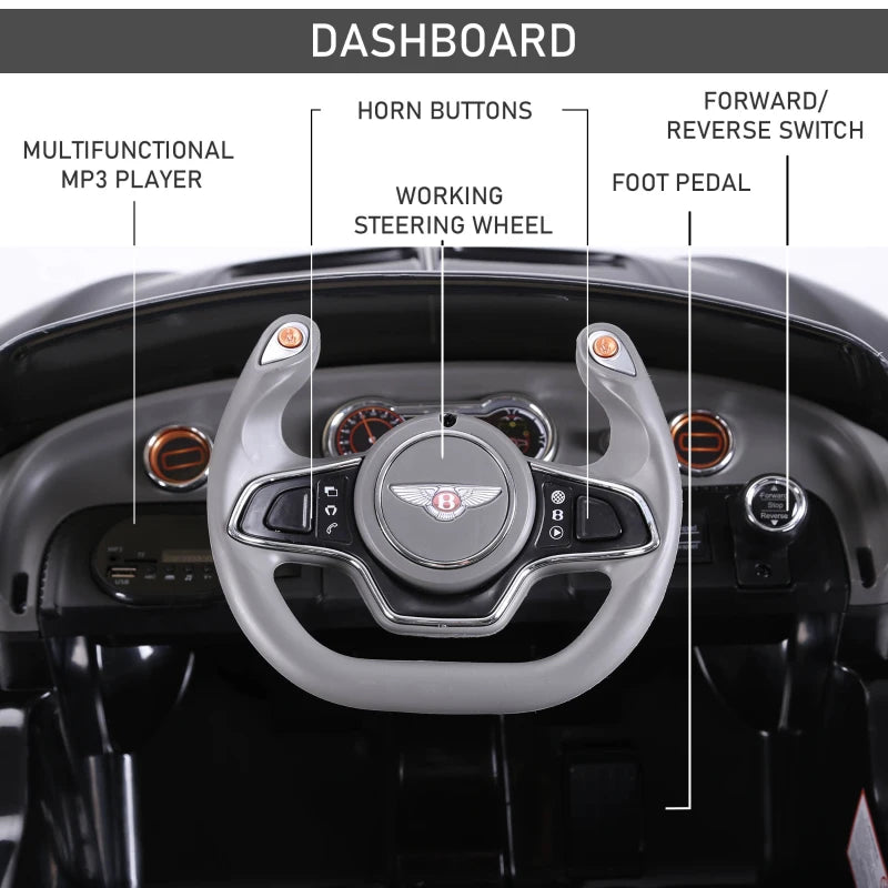 Bentley GT 12V Electric Ride-On Car for Kids with Remote Control, LED Lights & Music - Black, Ages 3-5