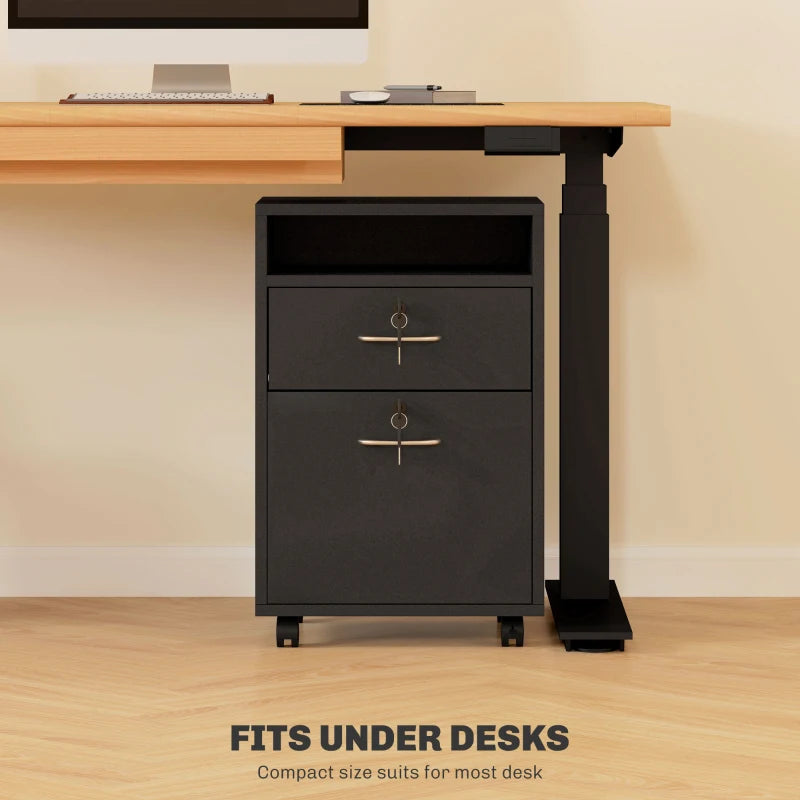 60cm Mobile Filing Cabinet with Drawer & Open Shelf, 4 Wheels, Metal Handles, 2 Locks - Black Office Organizer