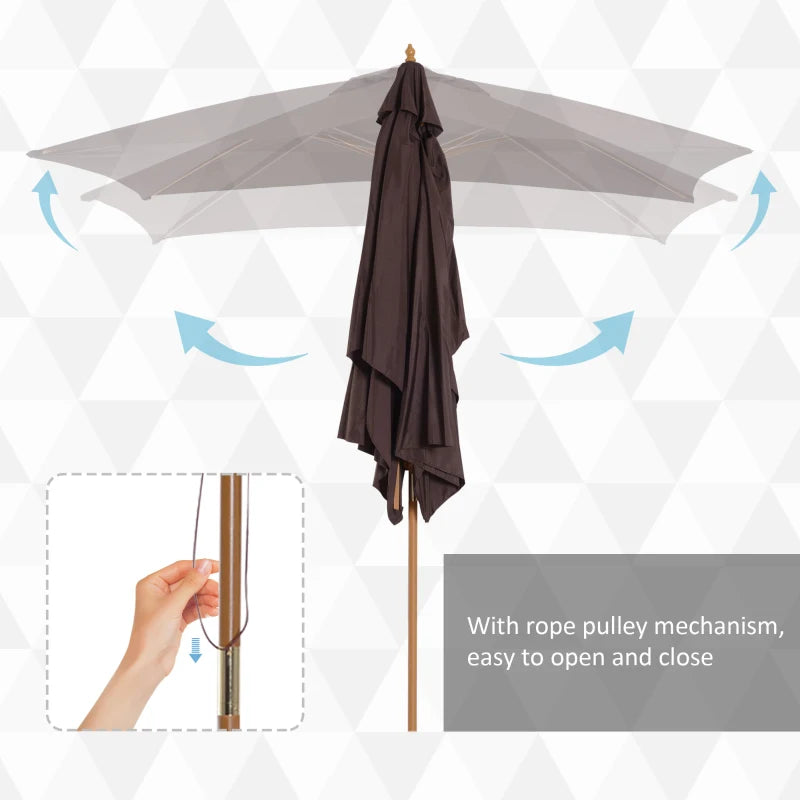 Dark Coffee Wooden Garden Parasol Umbrella - 2 x 3m Outdoor Sun Shade