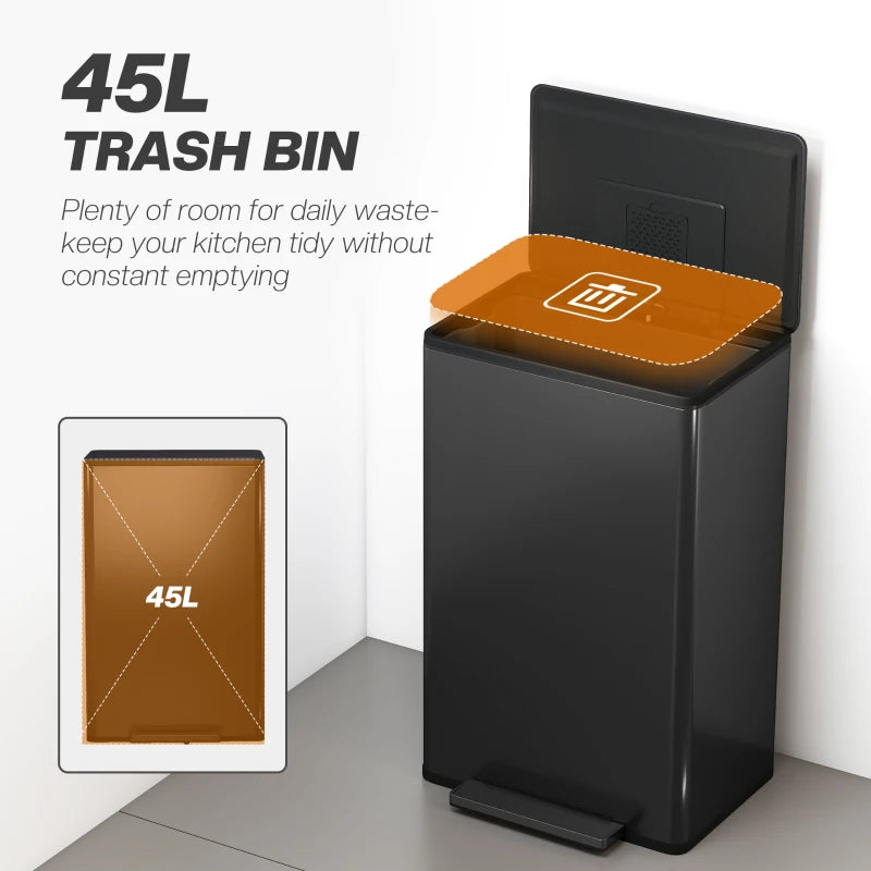 45L Pedal Kitchen Bin with Soft-Close Lid, Stay-Open Feature, Removable Inner Bucket & Odor Control - Ideal for Home & Office
