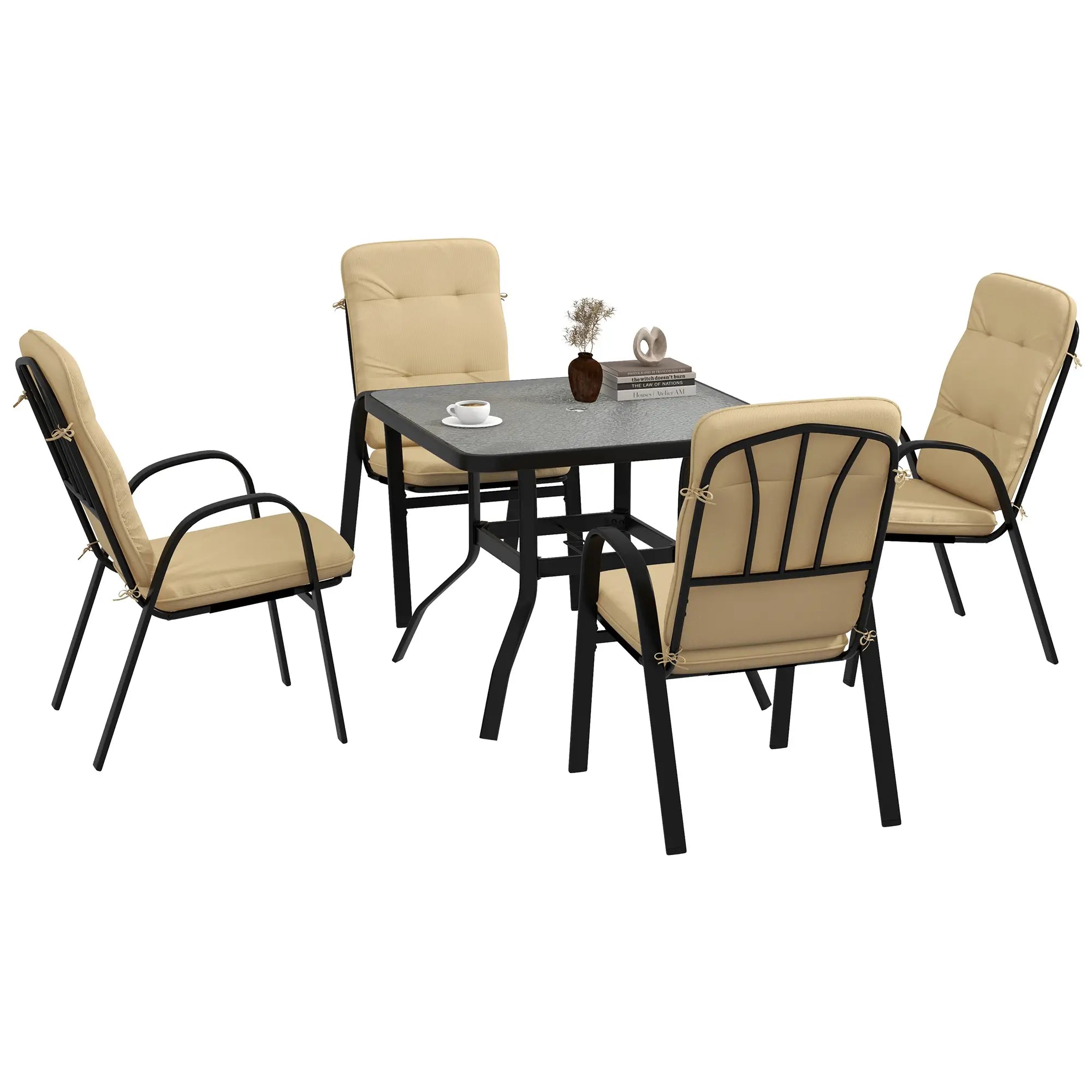 Beige 5-Piece Outdoor Square Garden Dining Set w/ Tempered Glass Dining Table, 4 Cushioned Armchairs & Umbrella Hole
