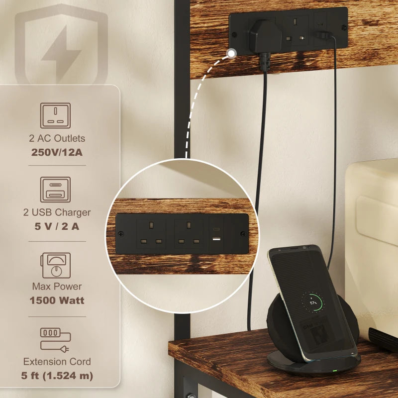 Rustic Brown Bakers Rack with Power Outlet & USB Charger - Adjustable Microwave Stand & Kitchen Storage Unit with 5 Hooks