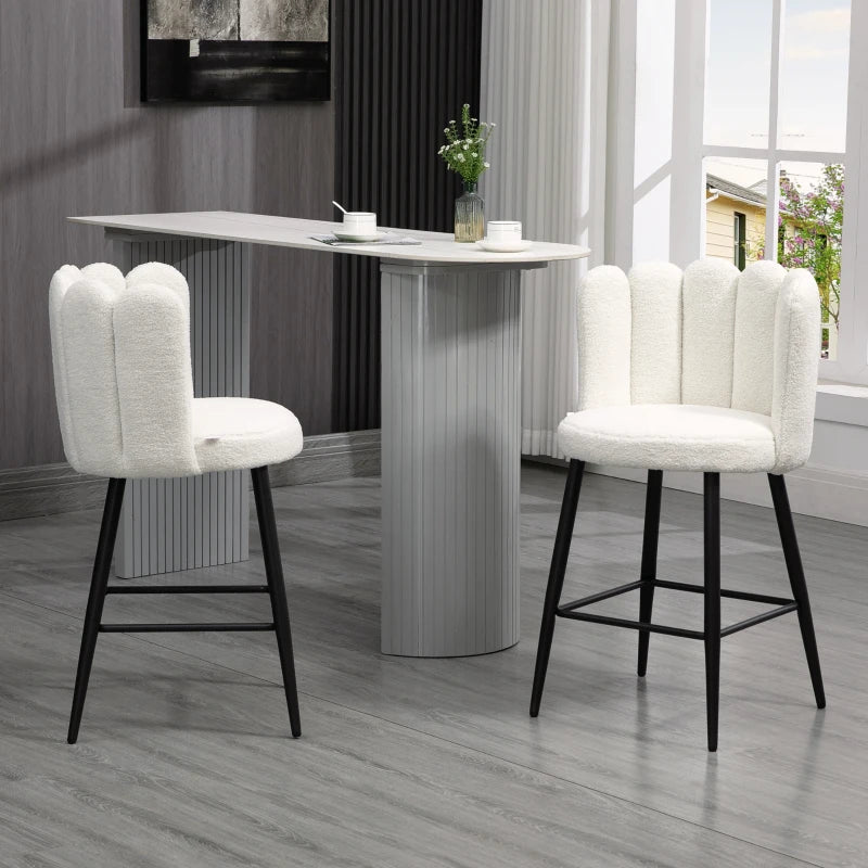 Set of 2 Modern Bar Stools - Faux Cashmere Upholstered Kitchen Chairs with Backs, Footrest & Steel Base in Cream