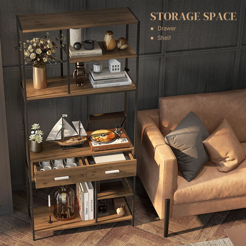 Industrial Seven-Shelf Display Shelf with Drawers - Stylish Brown and Black Storage Solution for Home or Office