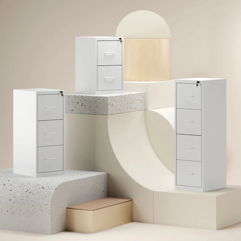 Modern White Four-Drawer Steel Filing Cabinet - Durable Office Storage Solution for Organizing Documents and Files