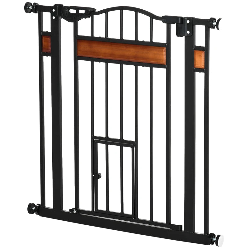 Pet Safety Gate with Cat Flap, Auto Close, 74-80cm Wide for Staircases, Doorways & Hallways - Black