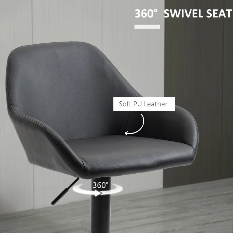 Set of 2 Adjustable Swivel Bar Stools with Backs & Armrests - PU Leather Kitchen Counter Chairs, Black