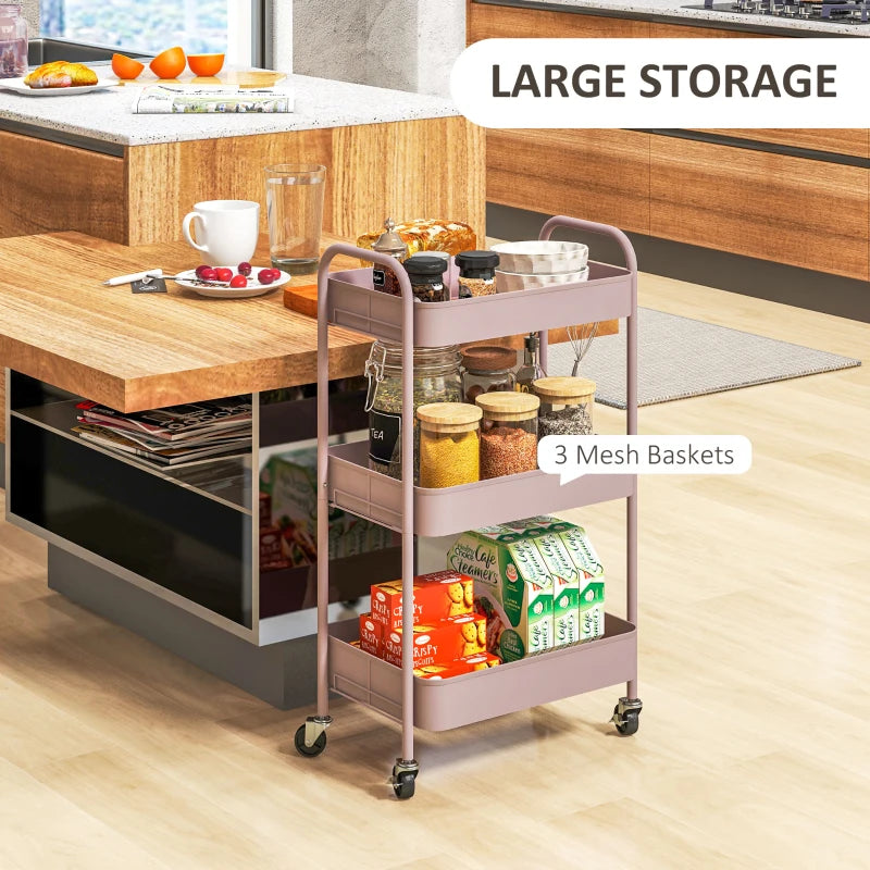 Three Tier Pink Steel Storage Trolley for Kitchen and Home Organization