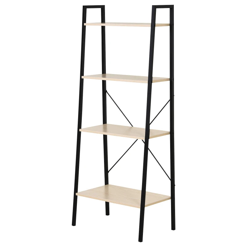 4-Tier Industrial Ladder Shelf - Stylish Oak & Black Bookshelf for Living Room, Bedroom, Kitchen Storage