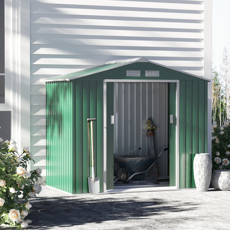 Green 7ft x 4ft Lockable Metal Shed with Ventilation Slots, Foundation Kit and Lockable Double Doors