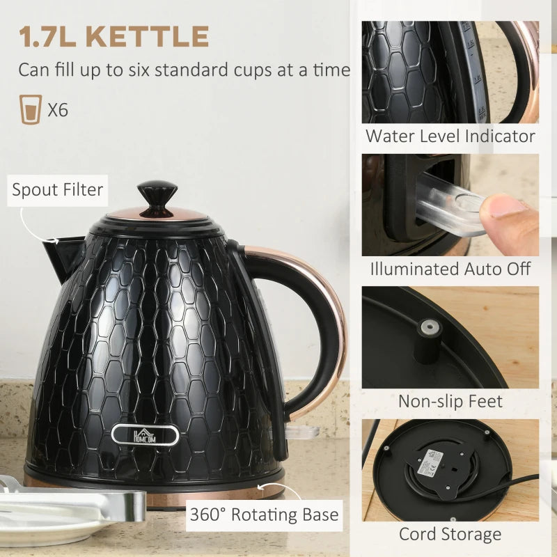 1.7L 3000W Fast Boil Kettle & 2 Slice Toaster Set - Auto Shut Off, Browning Controls, Black Kitchen Essentials