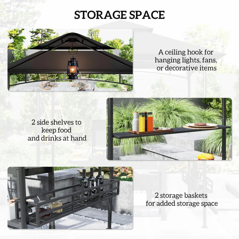 150cm x 240cm Grey BBQ Grill Gazebo with Shelves - Outdoor Cooking Canopy