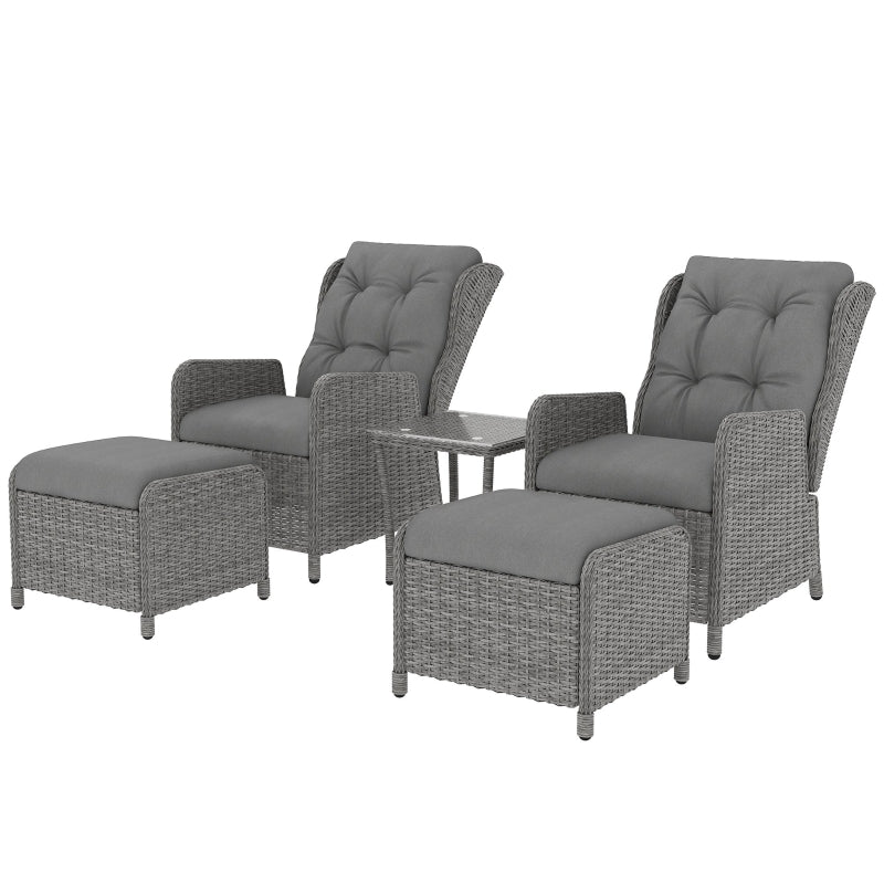 5-Piece Light Grey Rattan Bistro Set - Adjustable Back Reclining Wicker Balcony Furniture with Cushions, Glass Top Coffee Table & Footstools for Outdoor Use