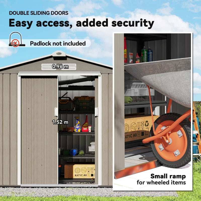 7ft x 4ft Light Brown Metal Storage Shed With Lockable Double Doors & Floor Foundation Kit