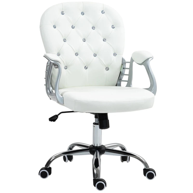 Ergonomic 360 Degree Swivel Office Chair with PU Diamante Padding and 5 Castor Wheels for Home and Work in White
