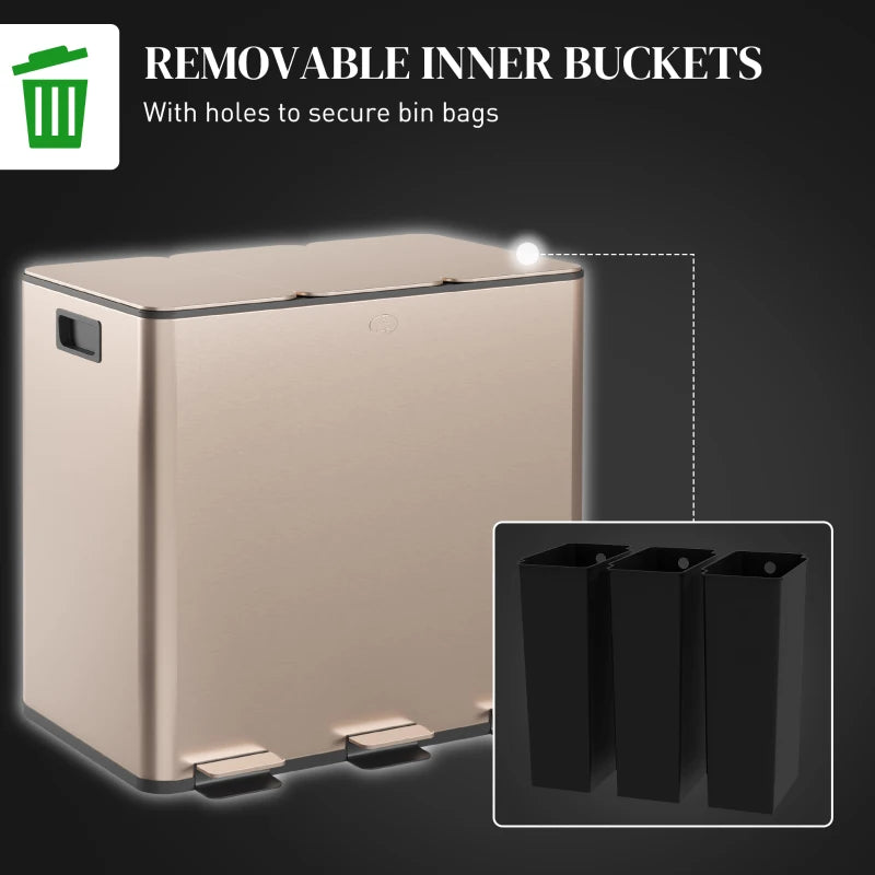 45L Triple Compartment Stainless Steel Bin with Deodoriser Holders - Elegant Gold Tone Waste Management Solution