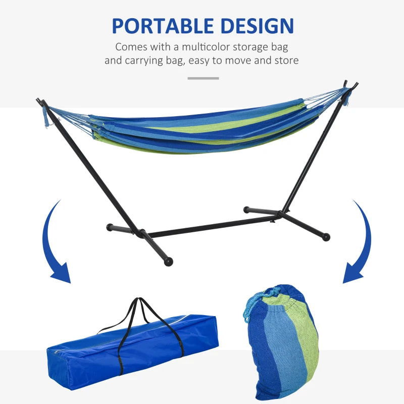 Portable Green Striped Camping Hammock with Stand - Adjustable Height, 120kg Capacity